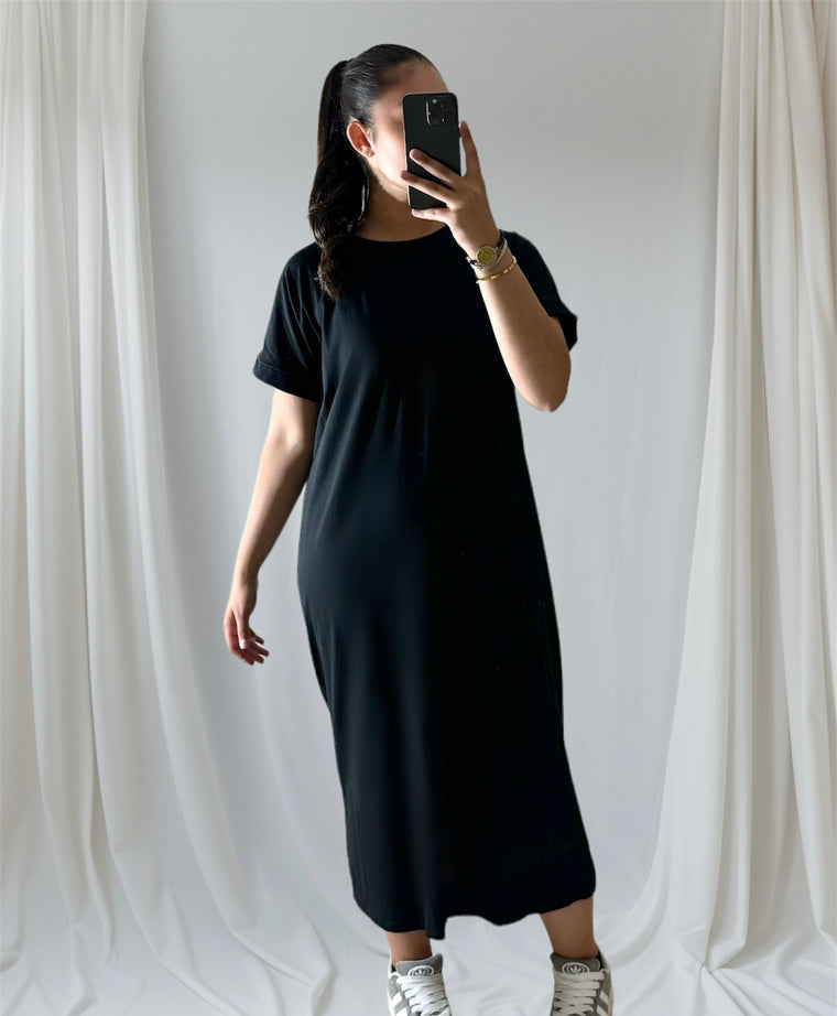 Robe longue t-shirt Noir et Beige