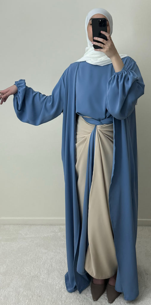 Abaya réversible à nouée, kimono poches Bleu