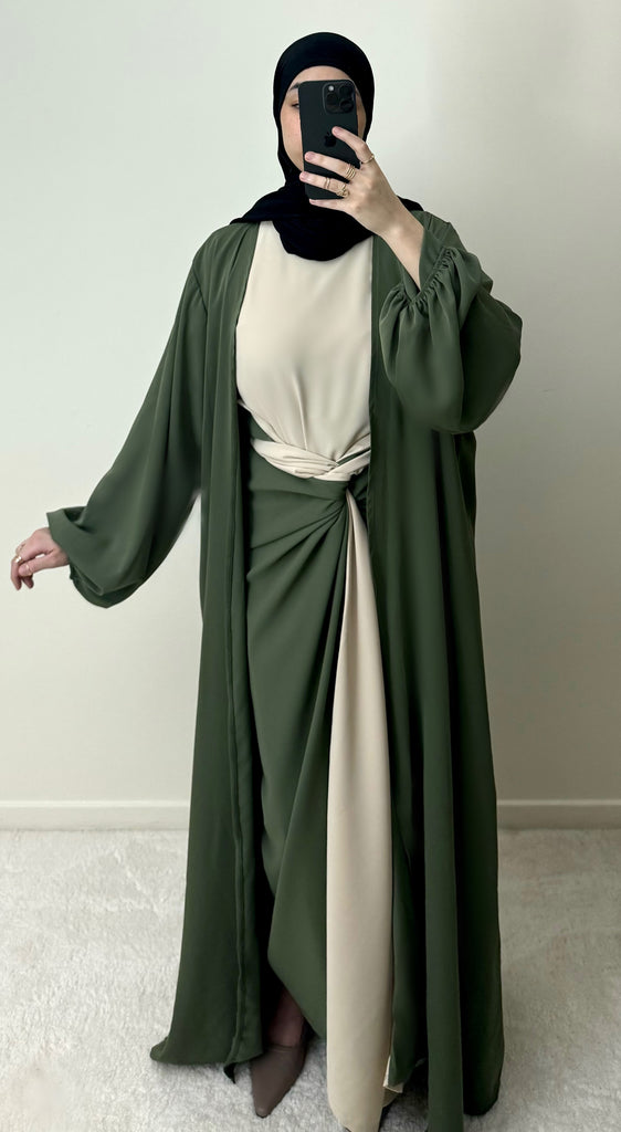 Abaya réversible à nouée, kimono poches Vert kaki