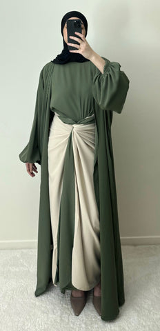 Abaya réversible à nouée, kimono poches Vert kaki