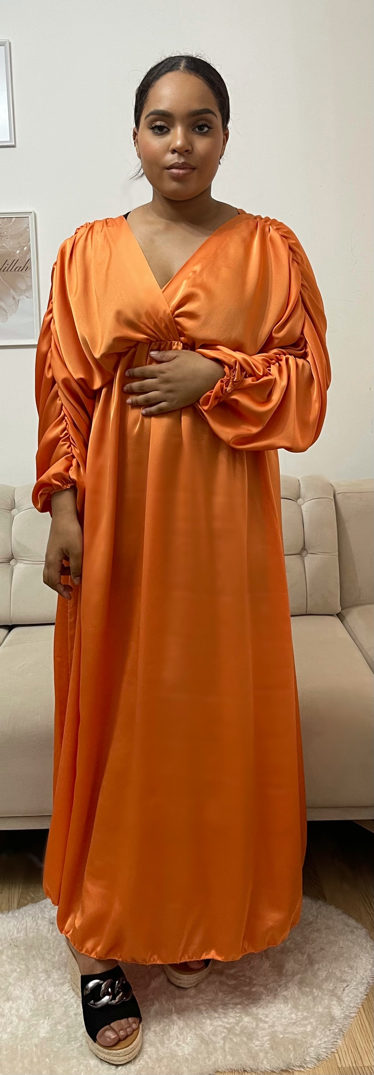 Robe longue satiné manches froncés Orange