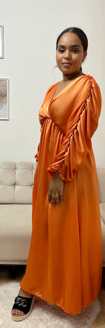 Robe longue satiné manches froncés Orange