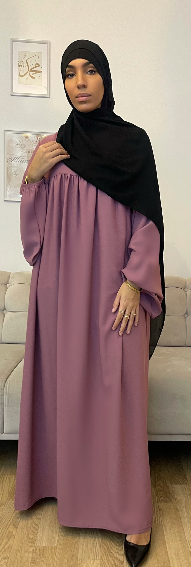 Abaya manche ballon Vieux rose