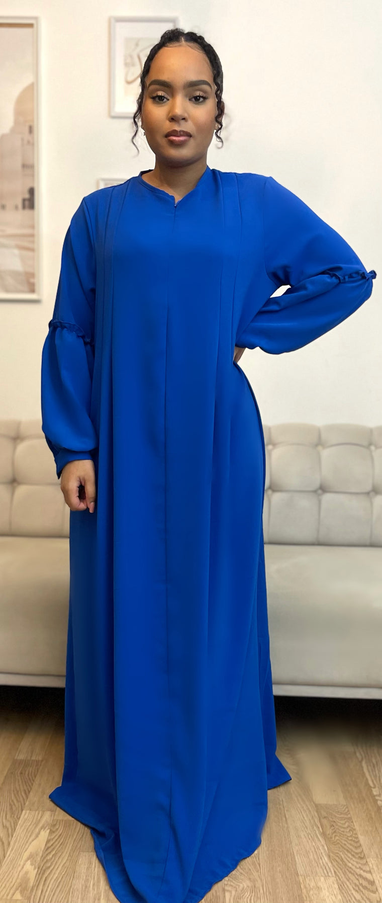 Abaya col zippé petits volants Bleu Roi et Bleu nuit