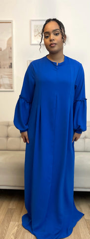 Abaya col zippé petits volants Bleu Roi et Bleu nuit